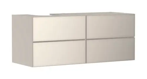 Waschtischunterschrank in Sandbeige mit vier Schubkästen, geeignet für Aufsatzwaschtisch, von Hansgrohe, modernes Design ohne sichtbare Griffe.